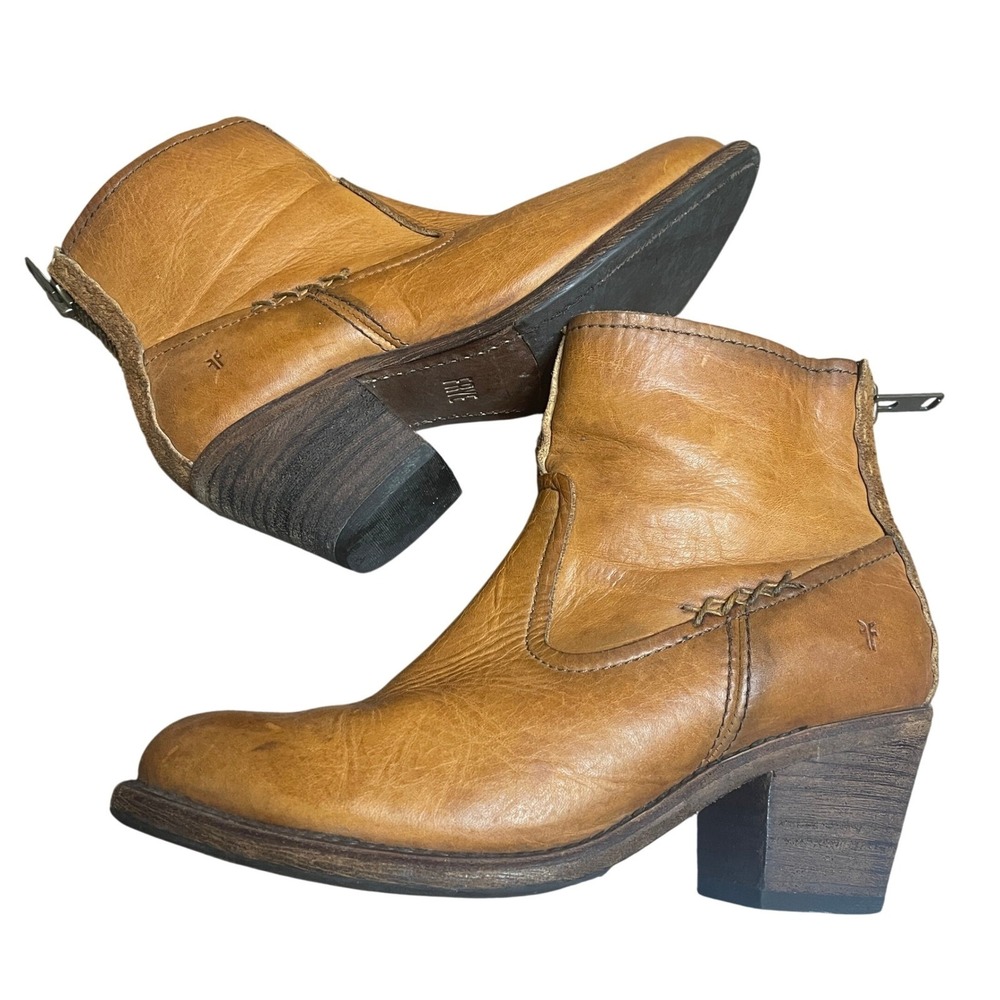 Frye Melissa Back Zip‎ Cognac Leather Ankle Boots  Women's 9 B